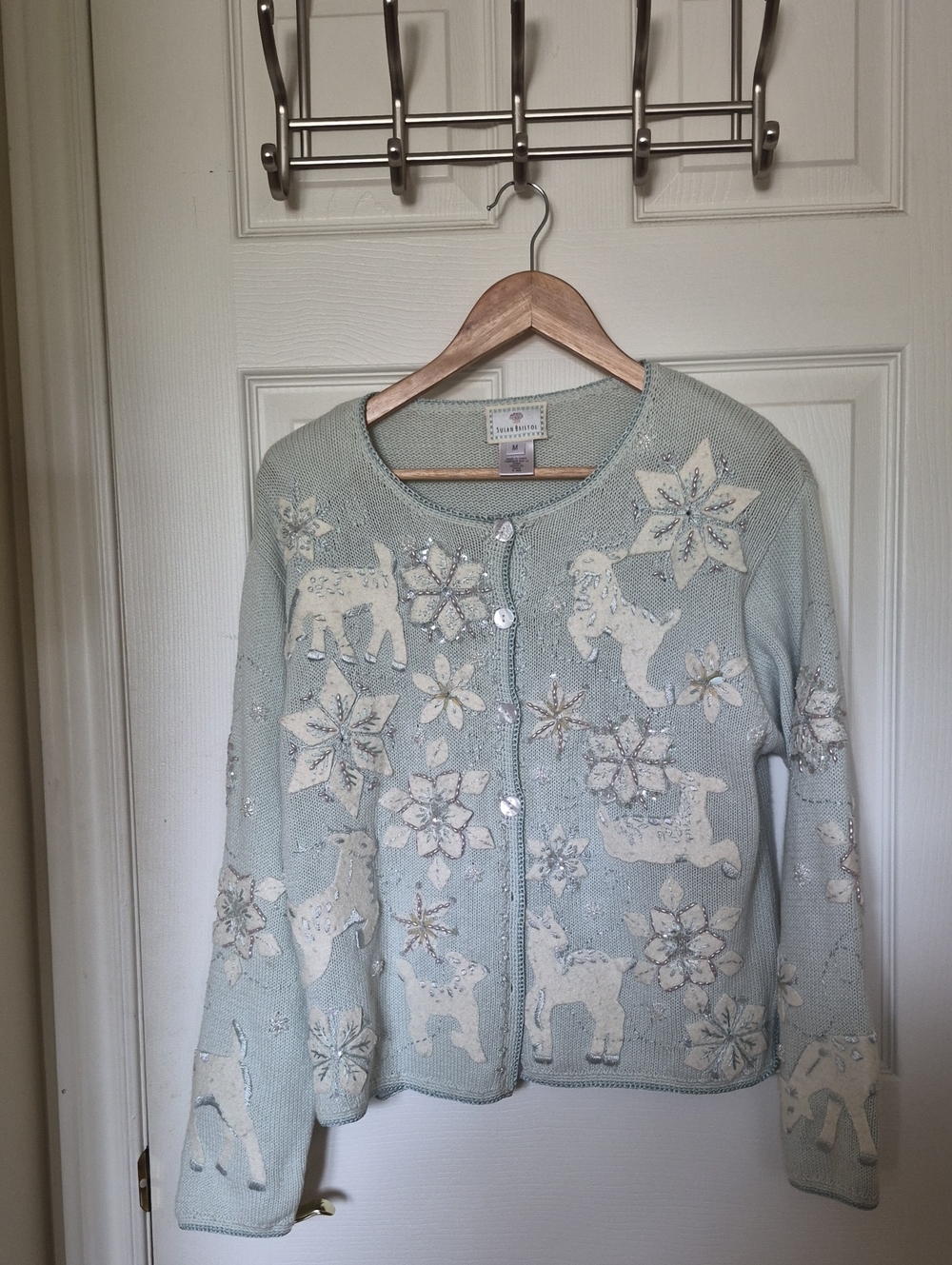 Susan Bristol Vintage Beaded Winter Cardigan Sweater Deer Snowflakes Mint - M